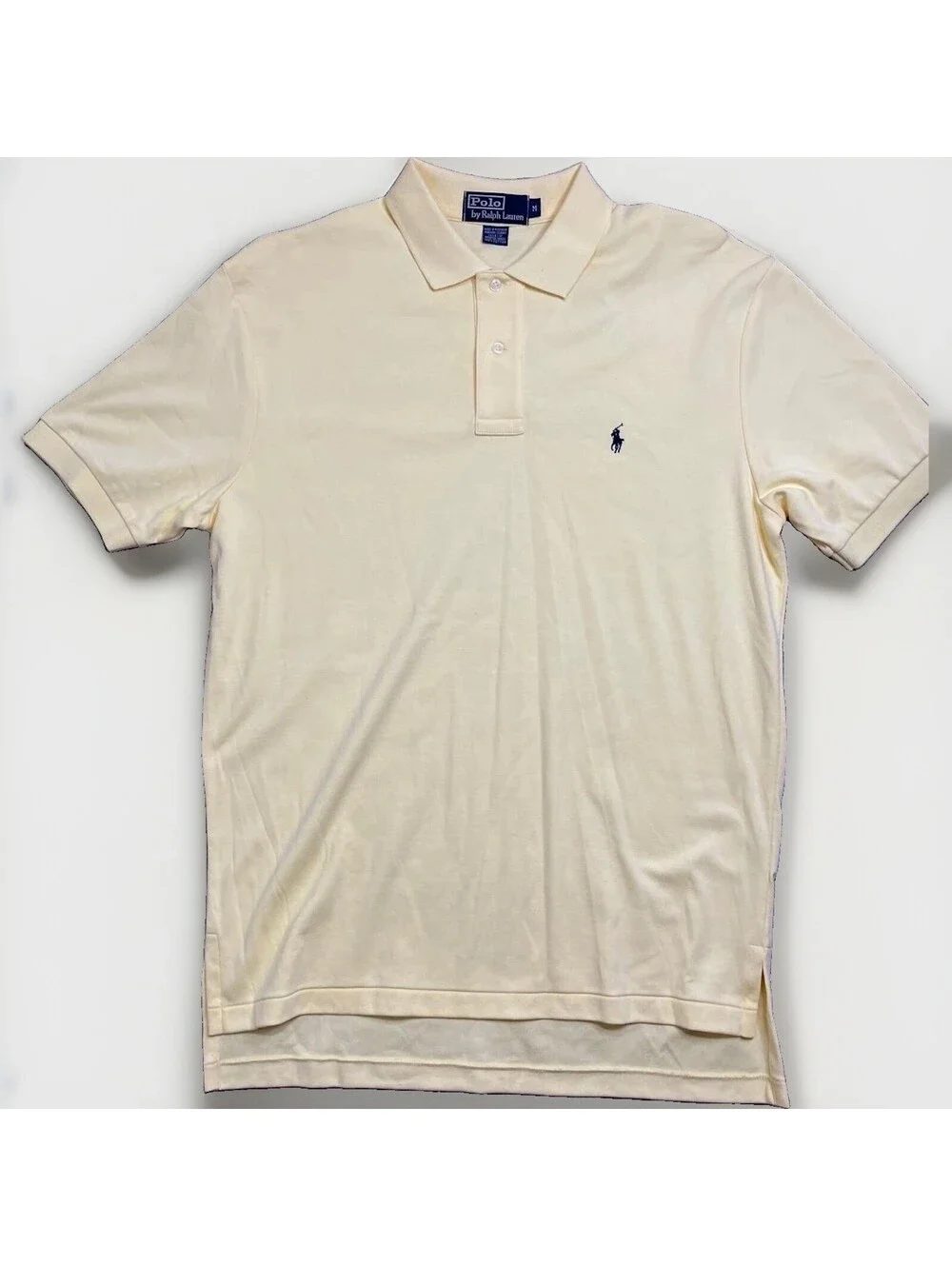 POLO Ralph Lauren Short Sleeve Shirt Men's M Yellow 100% Cotton Navy PONY
